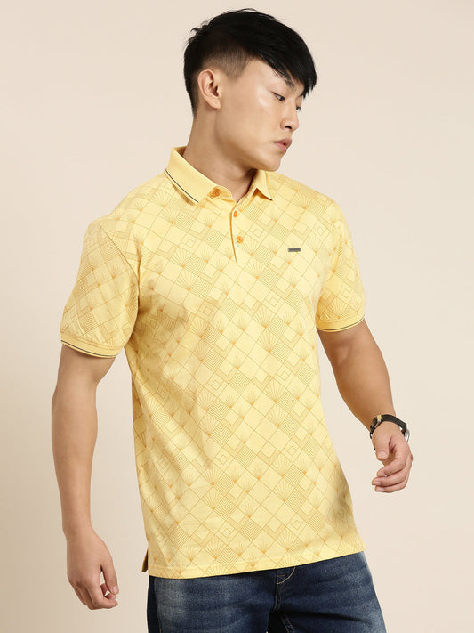 Mercerised Cotton Polo Collar Printed Tshirt in Yellow