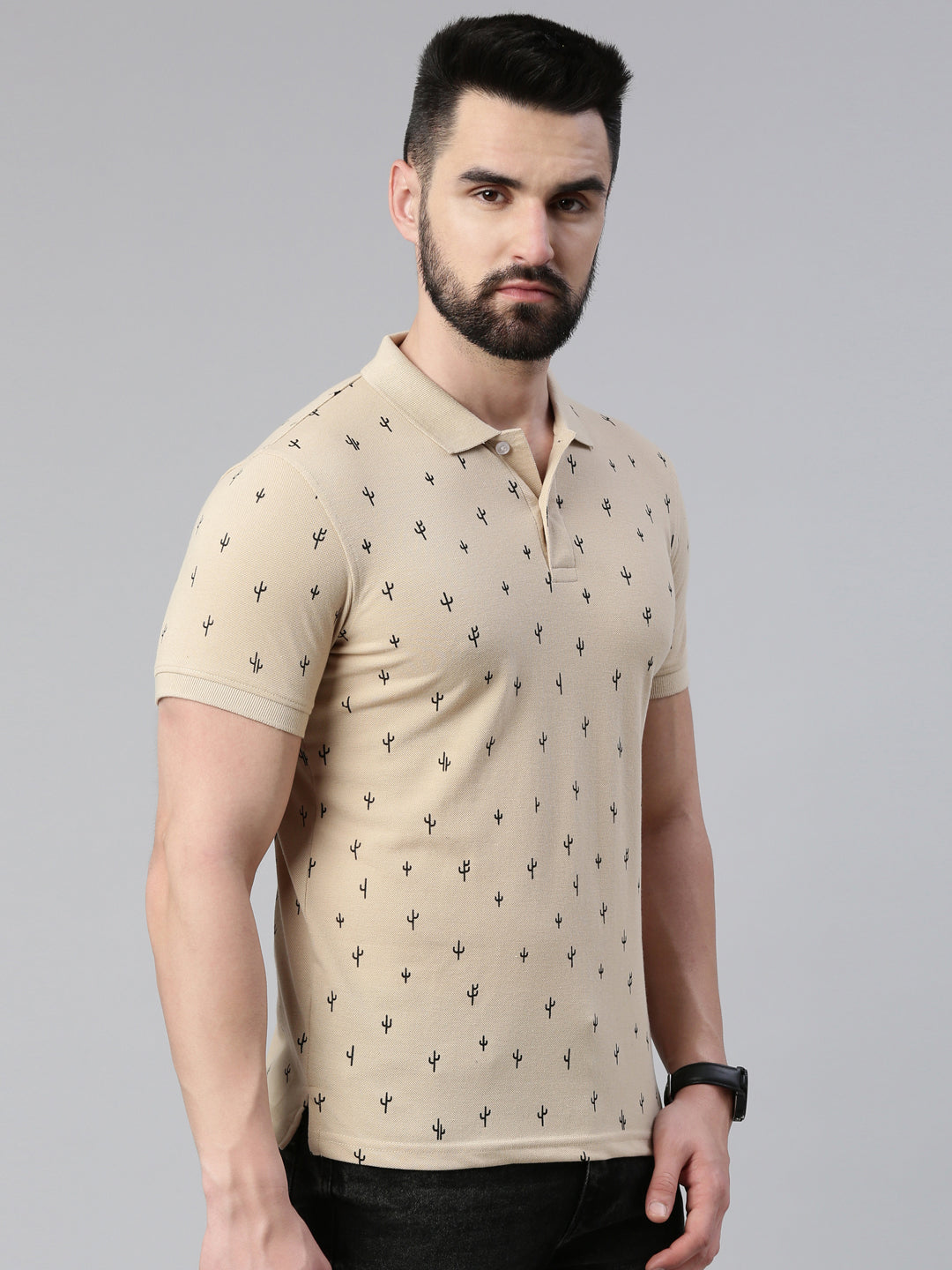 Men's Beige Printed Polo Collar T-Shirt