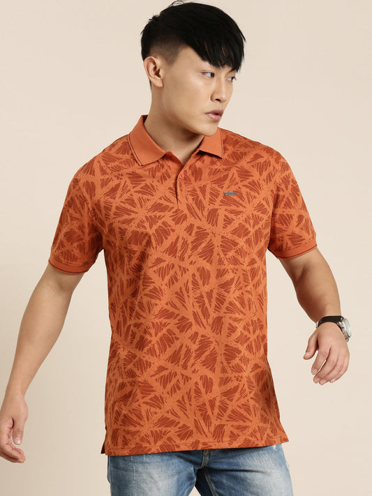 Mercerised Cotton Polo Collar Printed Tshirt in Rust