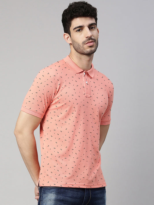 Men's Peach Printed Polo Collar T-Shirt
