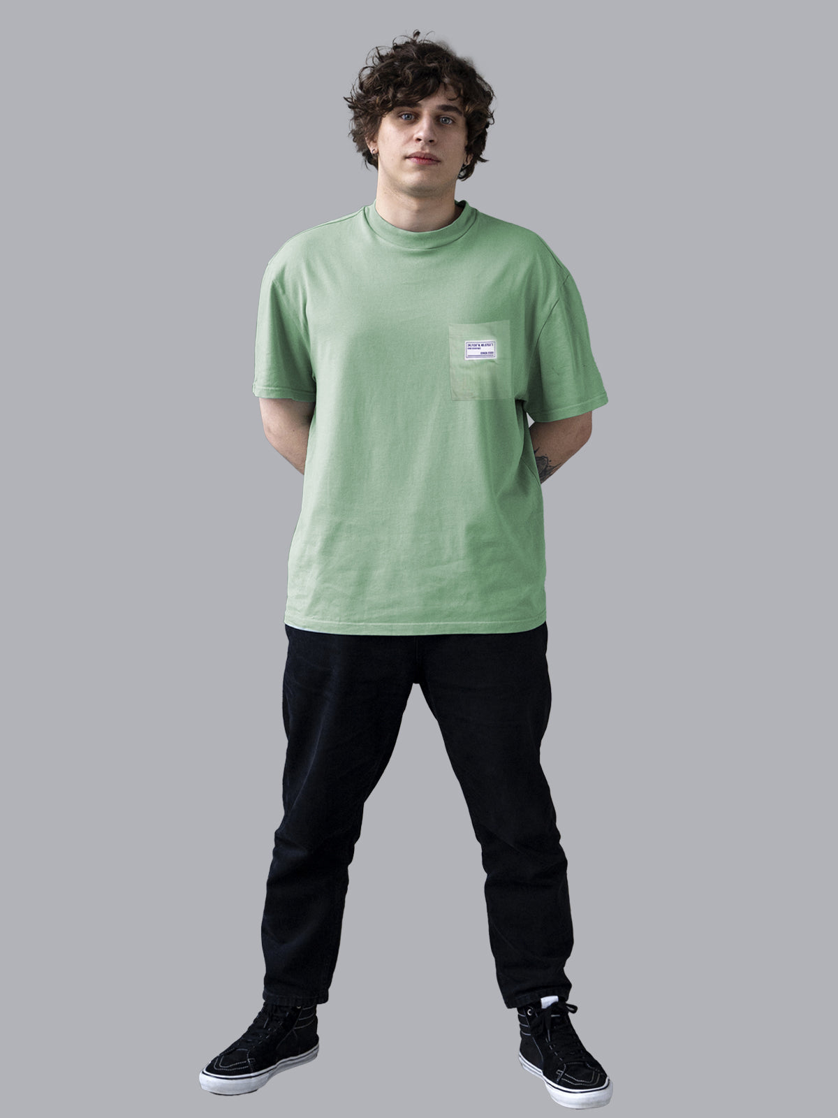 JOVEN Men Light Green Printed Pure Cotton Oversize Tshirt