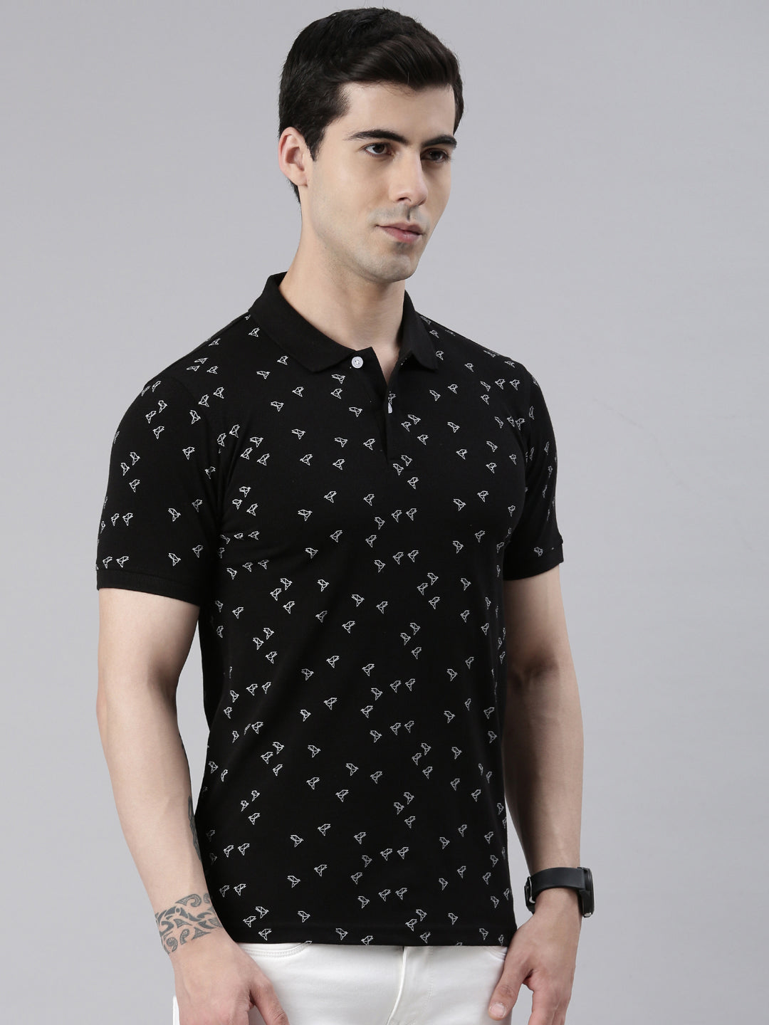 Men's Black Printed Polo Collar T-Shirt
