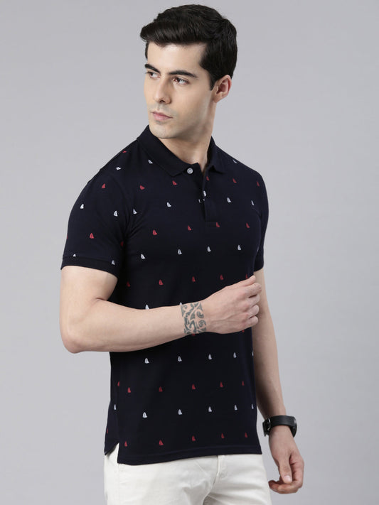 Men's Navy Blue Printed Polo Collar T-Shirt