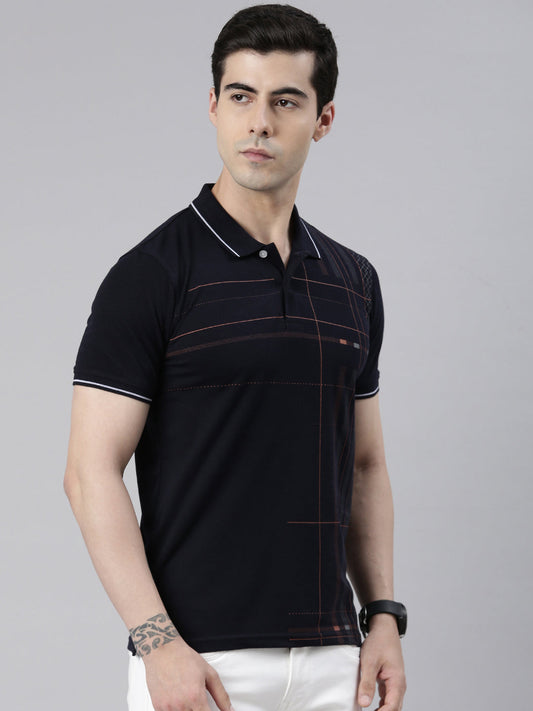 Men's Navy Blue Printed Polo Collar T-Shirt