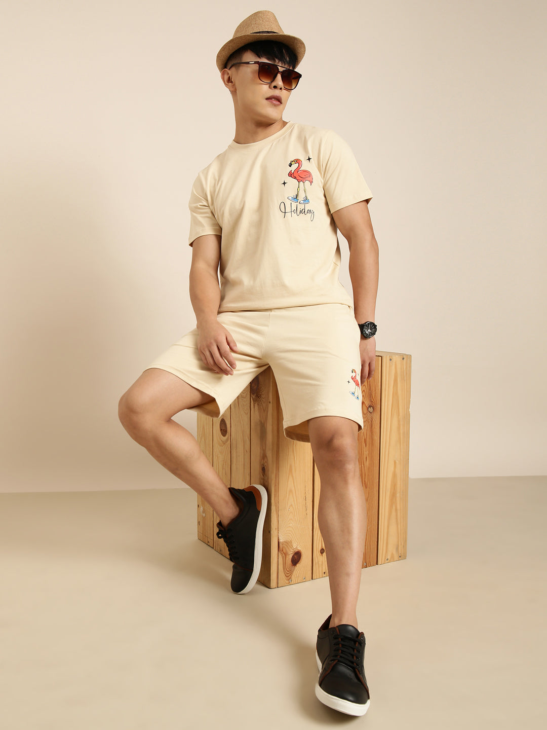 JOVEN Men Beige Printed Co-Ords Set