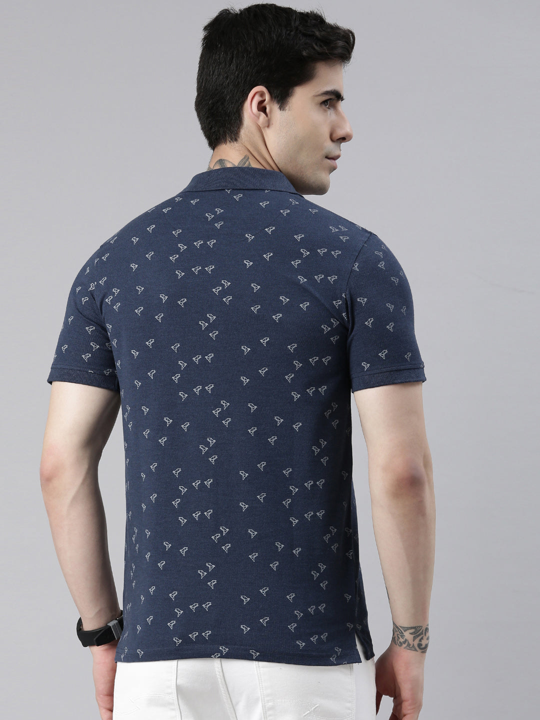 Men's Denim Blue Printed Polo Collar T-Shirt