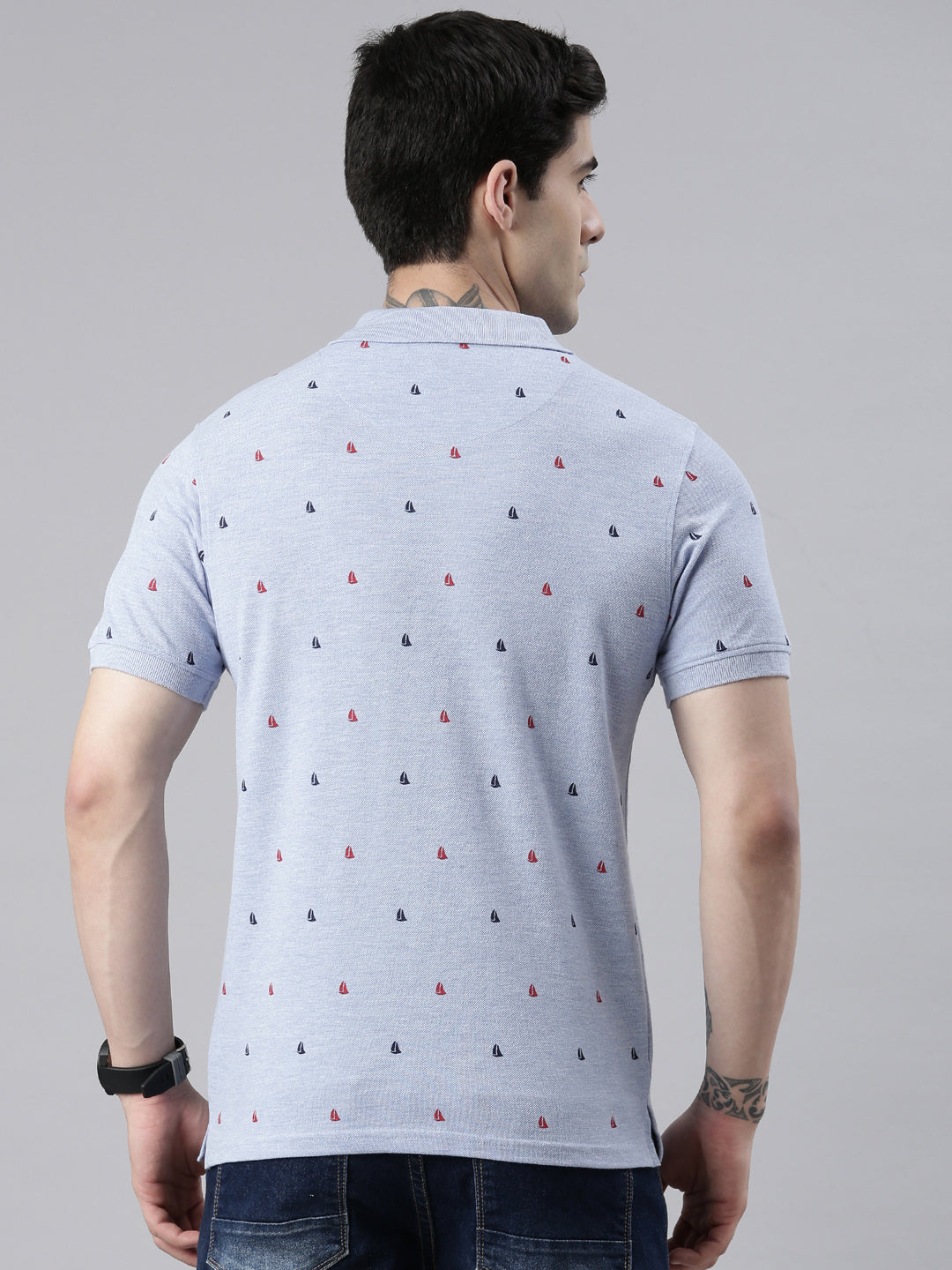 Men's Sky Blue Printed Polo Collar T-Shirt