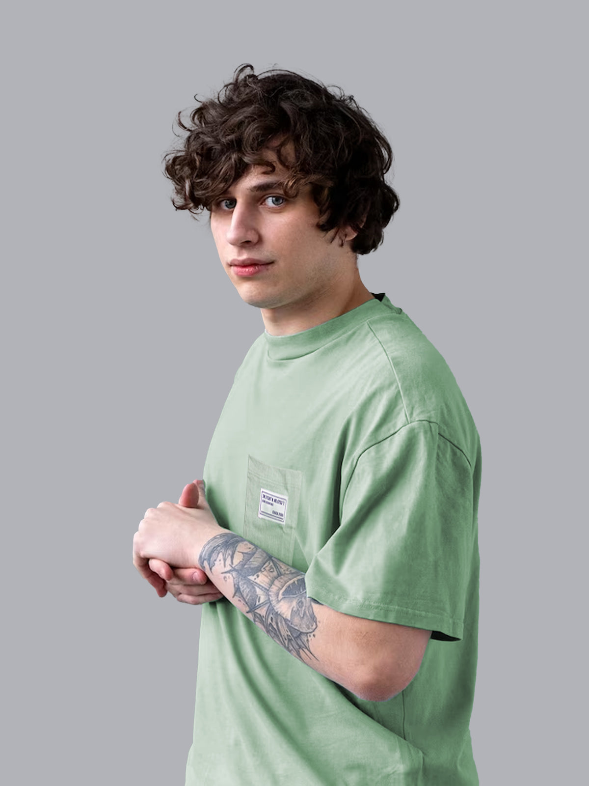 JOVEN Men Light Green Printed Pure Cotton Oversize Tshirt