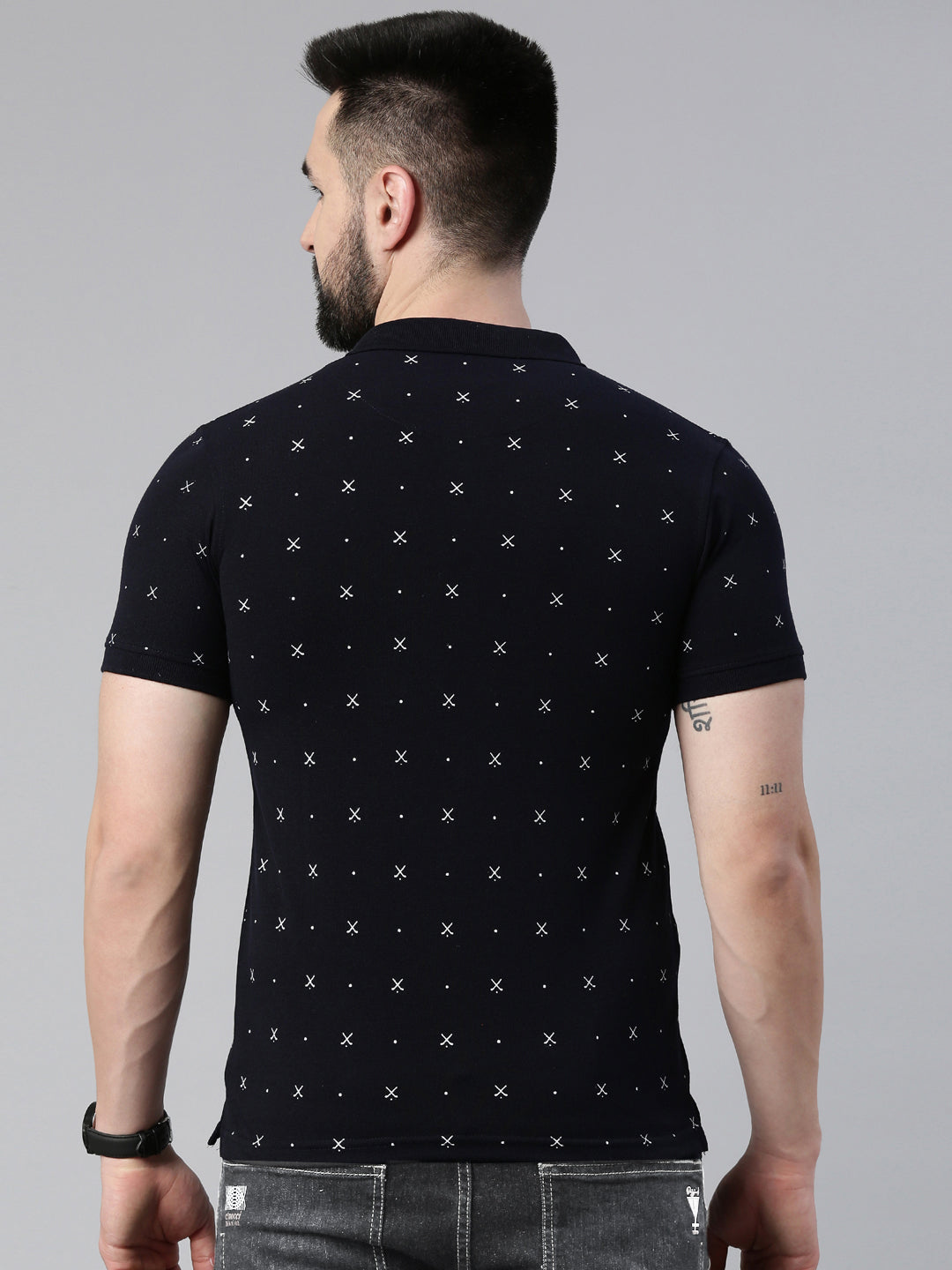 Men's Navy Blue Printed Polo Collar T-Shirt