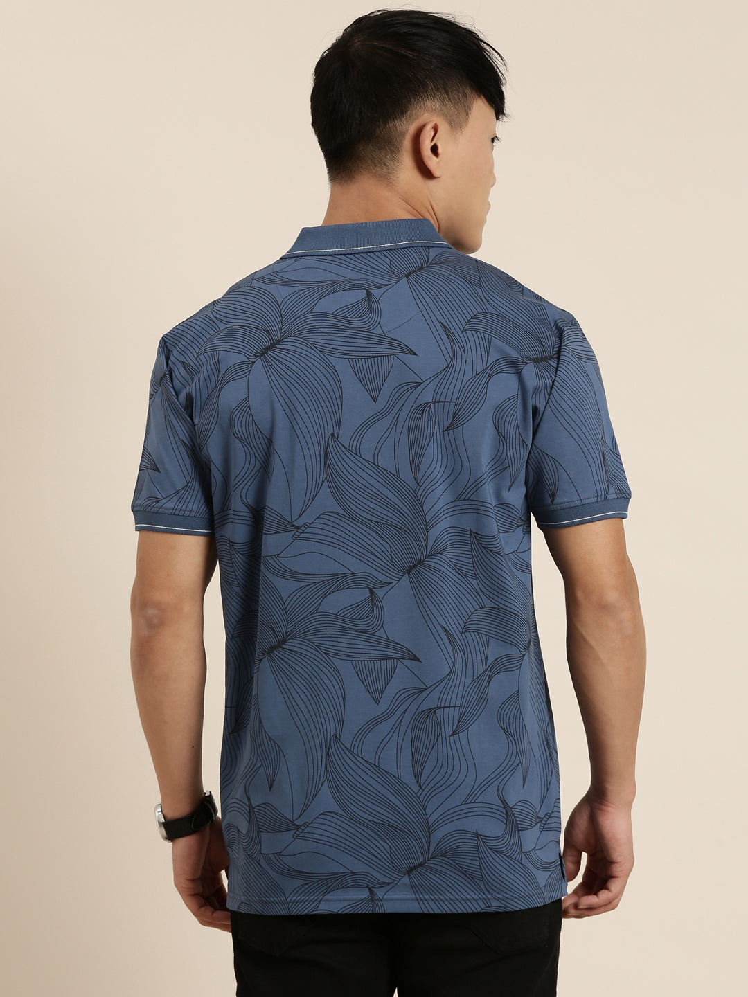 Mercerised Cotton Polo Collar Printed Tshirt in Denim Blue