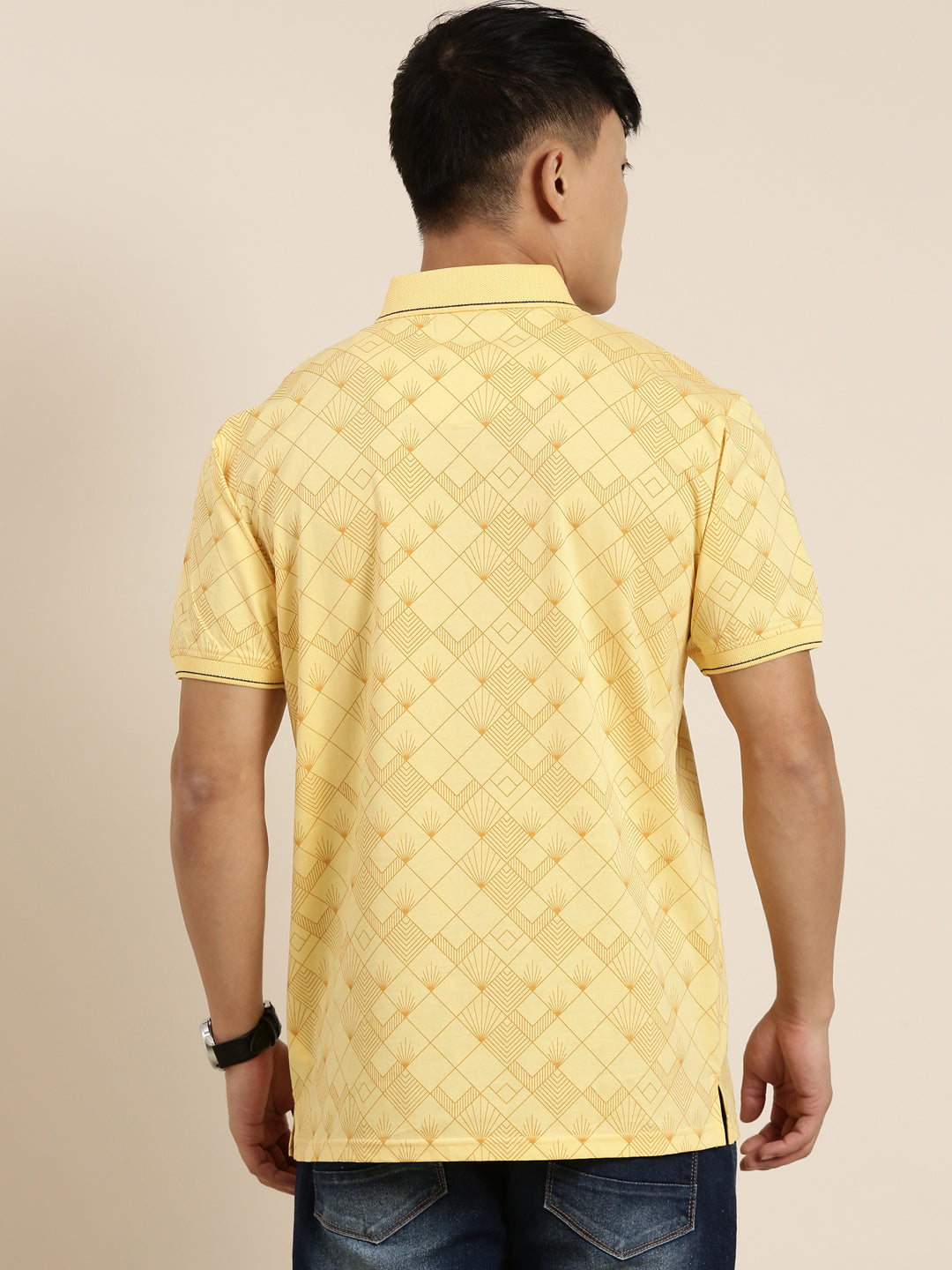 Mercerised Cotton Polo Collar Printed Tshirt in Yellow