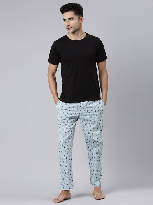 JOVEN Men Light Blue Printed Pyjama