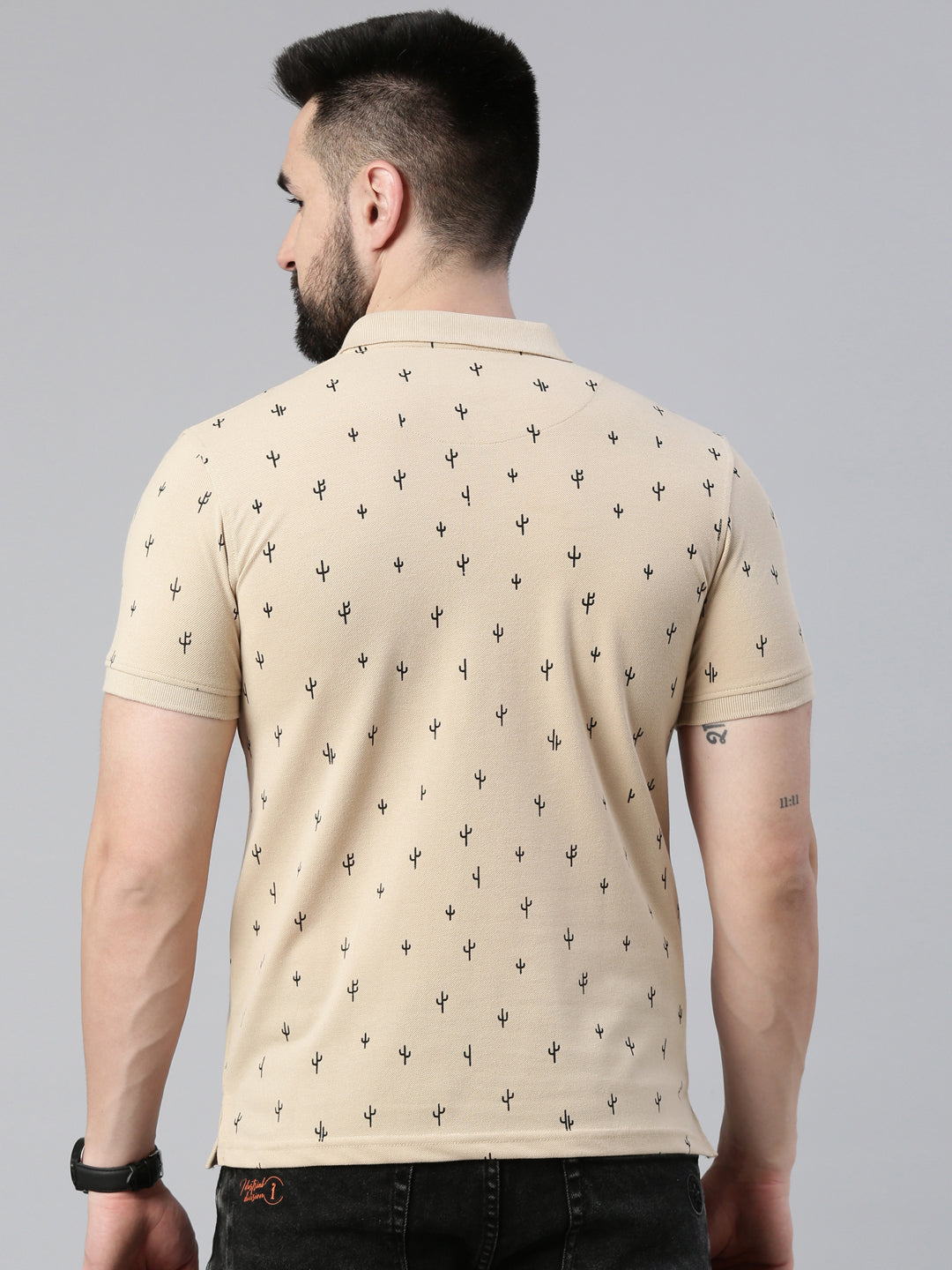 Men's Beige Printed Polo Collar T-Shirt
