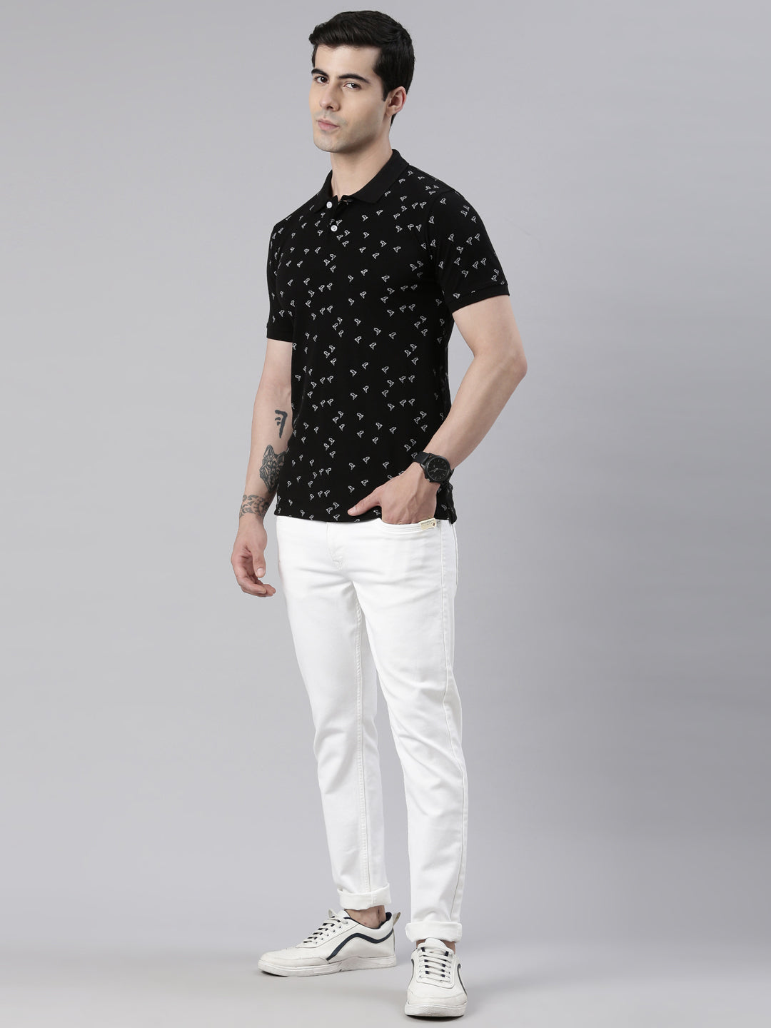 Men's Black Printed Polo Collar T-Shirt