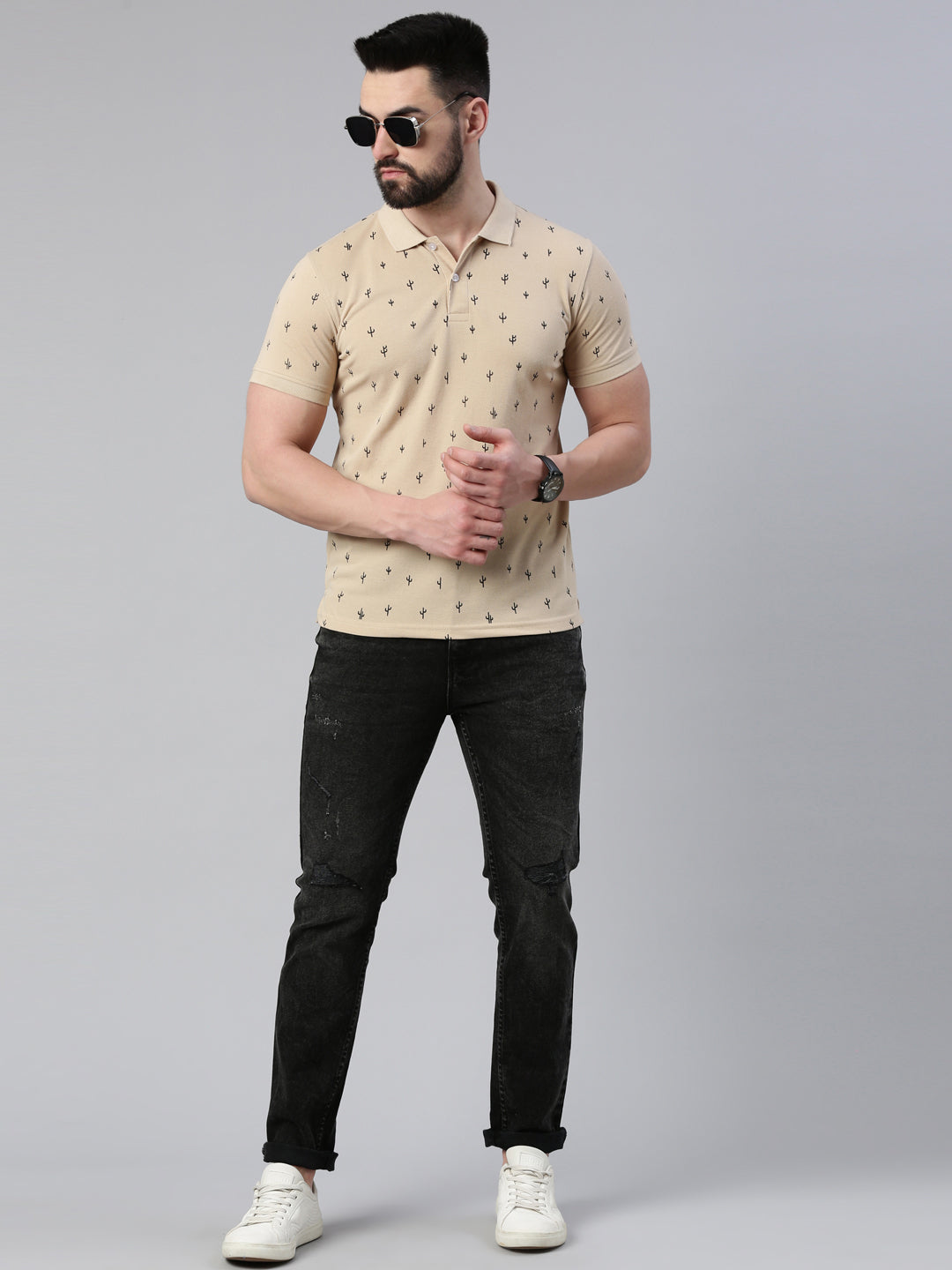 Men's Beige Printed Polo Collar T-Shirt