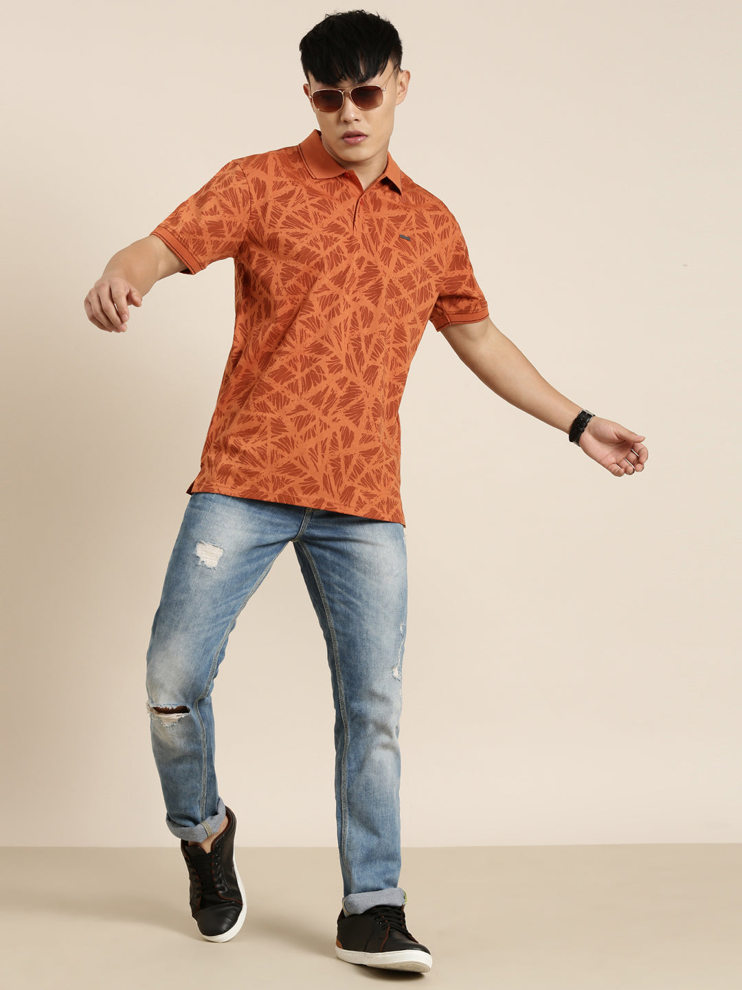 Mercerised Cotton Polo Collar Printed Tshirt in Rust