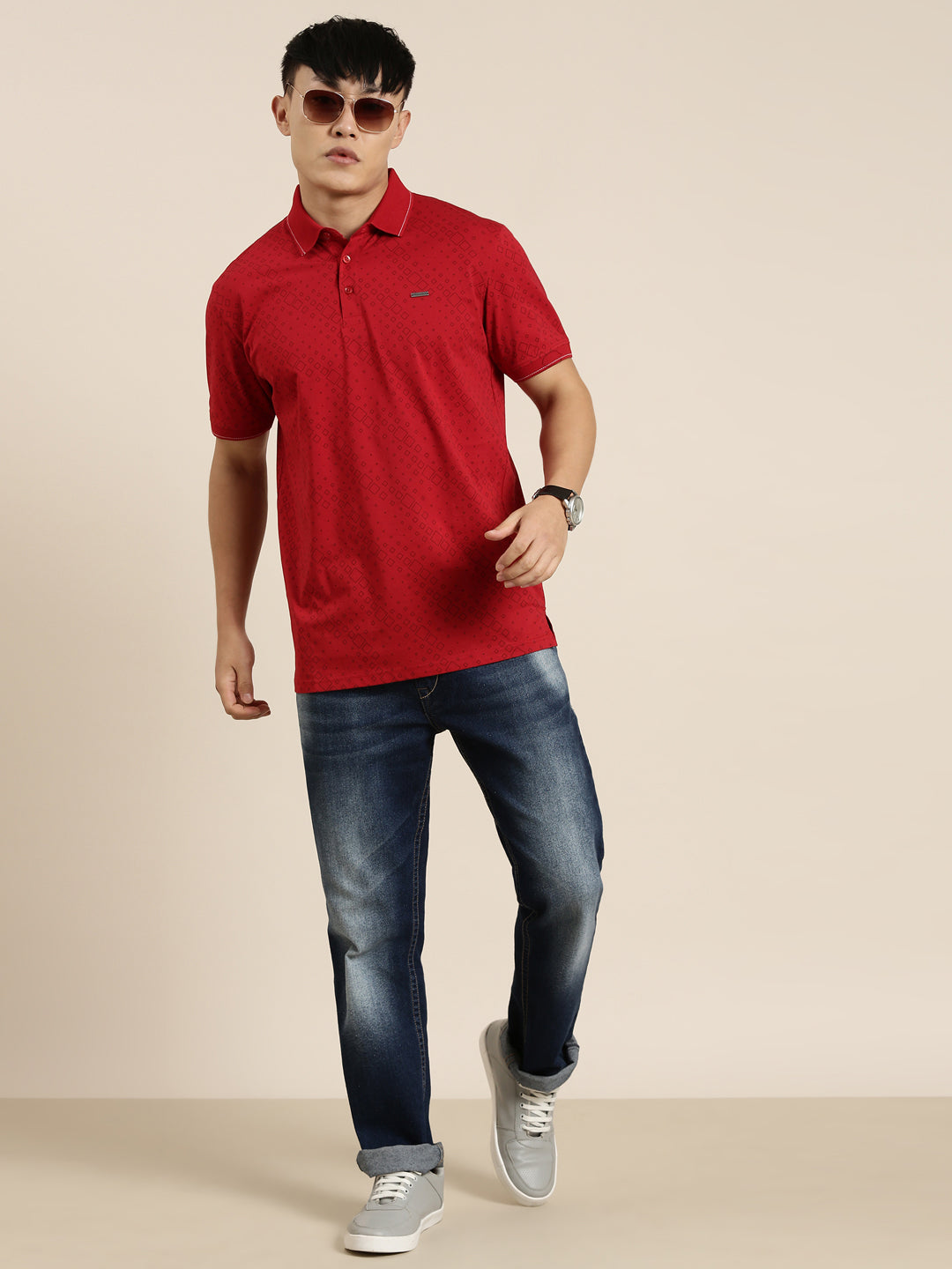 Mercerised Cotton Polo Collar Printed Tshirt in Red