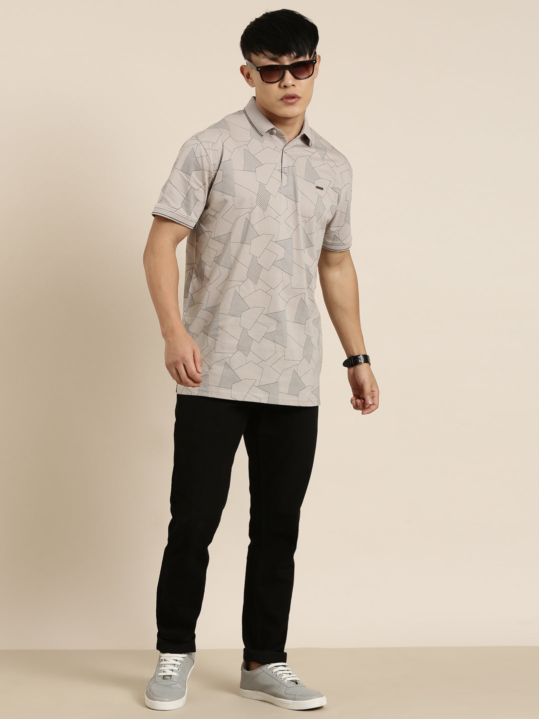 Mercerised Cotton Polo Collar Printed Tshirt in Steel Grey