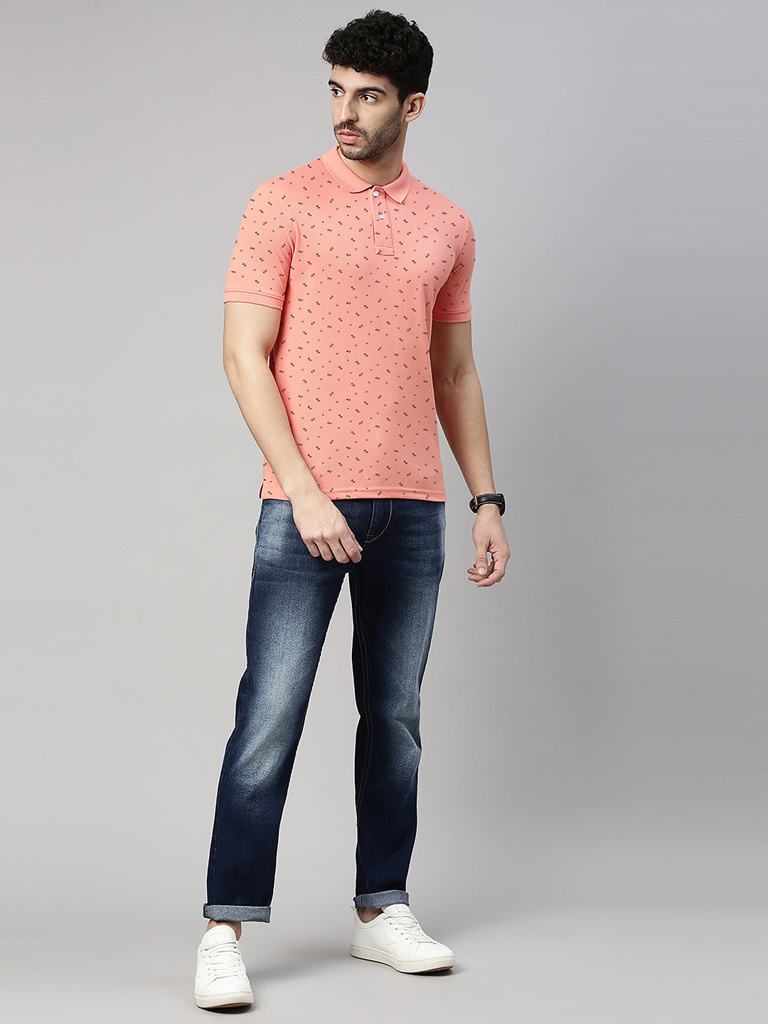 Men's Peach Printed Polo Collar T-Shirt