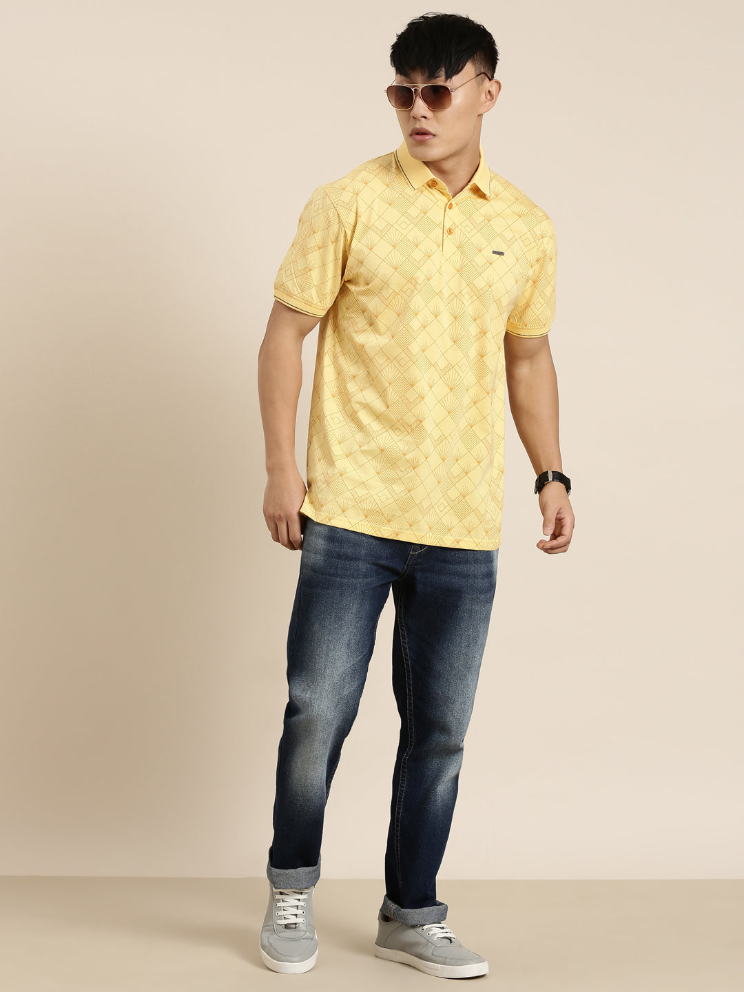 Mercerised Cotton Polo Collar Printed Tshirt in Yellow
