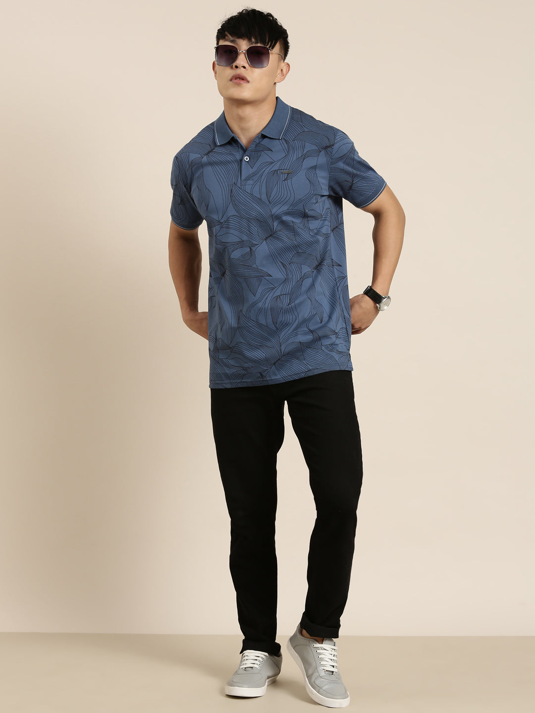 Mercerised Cotton Polo Collar Printed Tshirt in Denim Blue