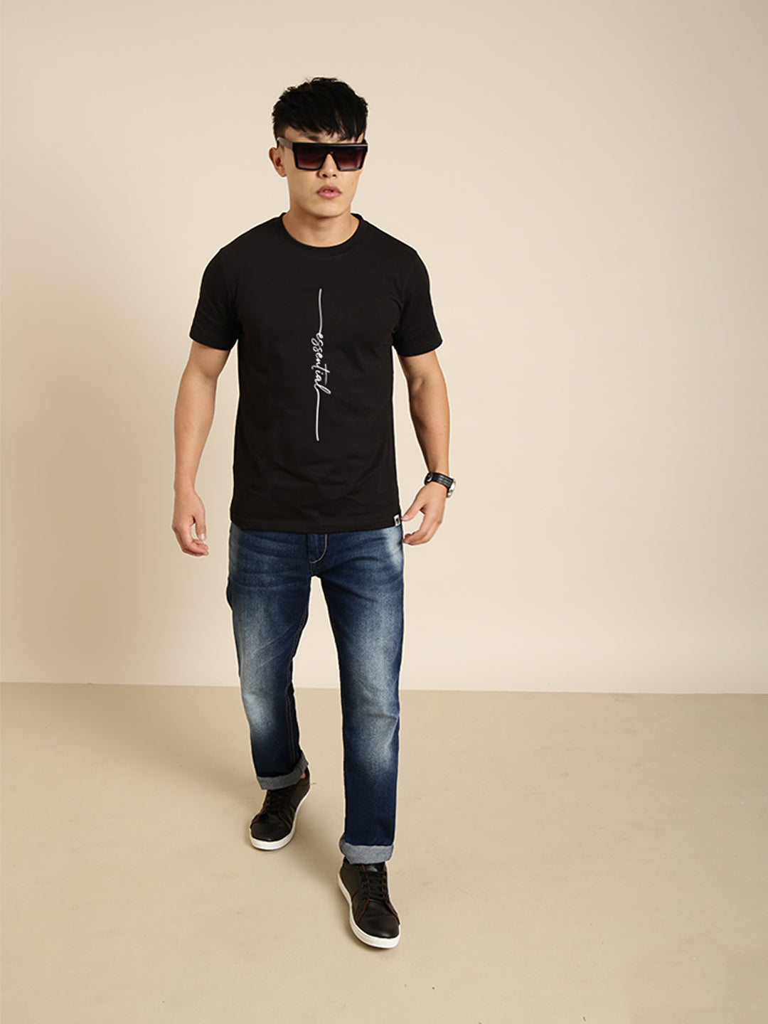 JOVEN Men Black Printed Pure Cotton Oversize Tshirt