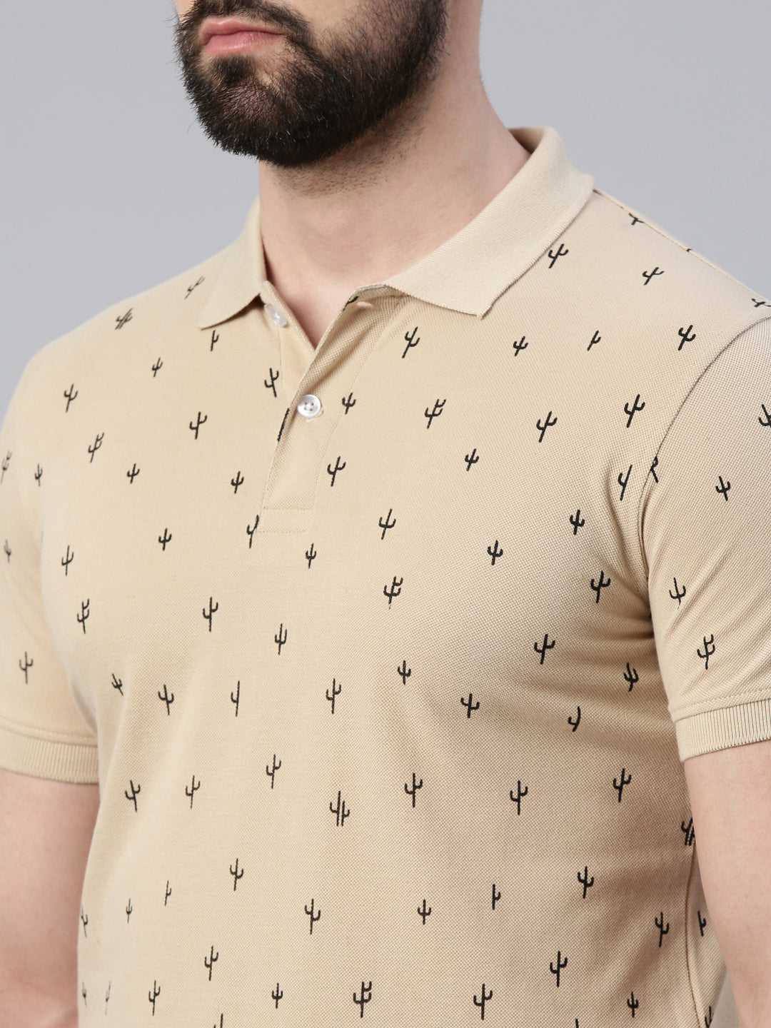 Men's Beige Printed Polo Collar T-Shirt