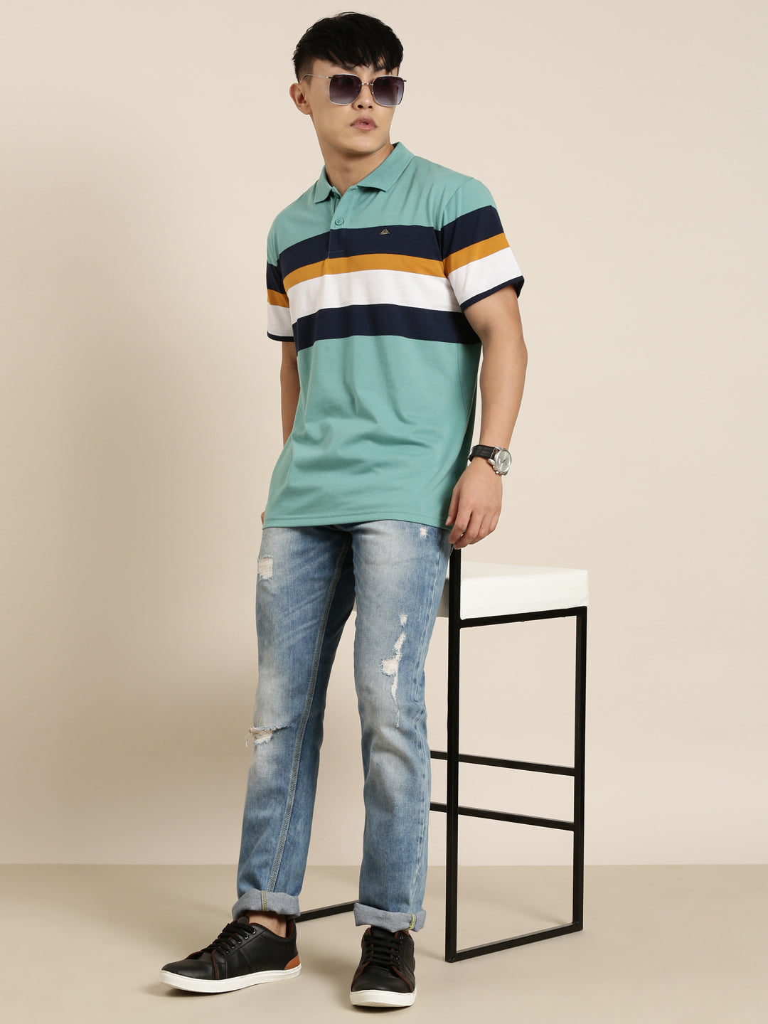 Men's Casual Green Striped Polo Collar T-Shirt