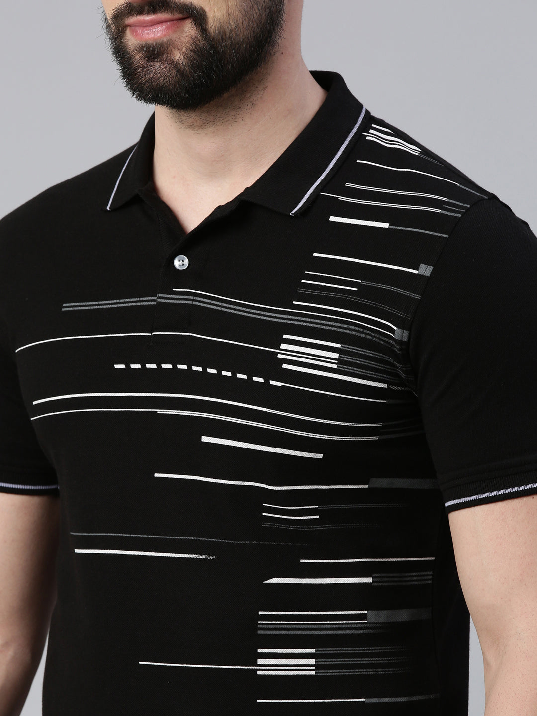 Men's Black Printed Polo Collar T-Shirt