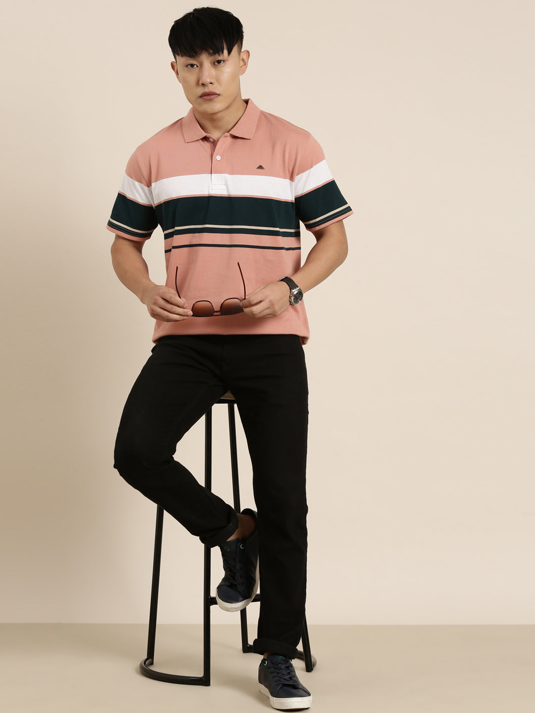 Men's Casual Light Orange Striped Polo Collar T-Shirt