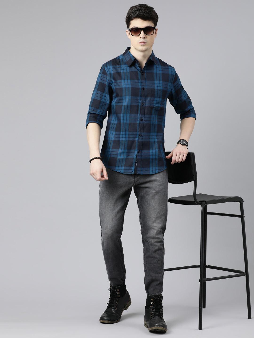 JOVEN Men Checked Pure Cotton Full Sleeve Casual Shirt