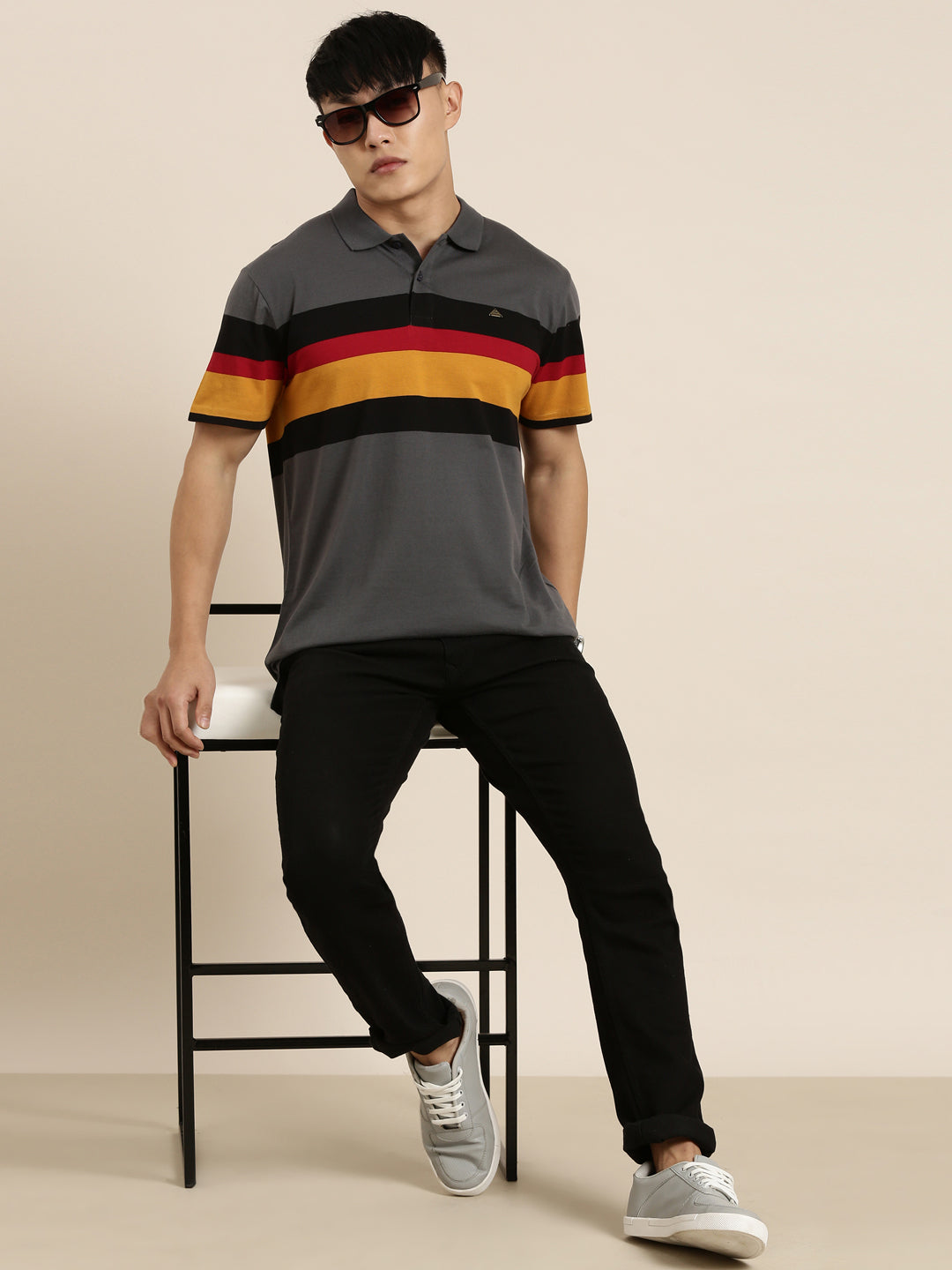 Men's Casual Dark Grey Striped Polo Collar T-Shirt