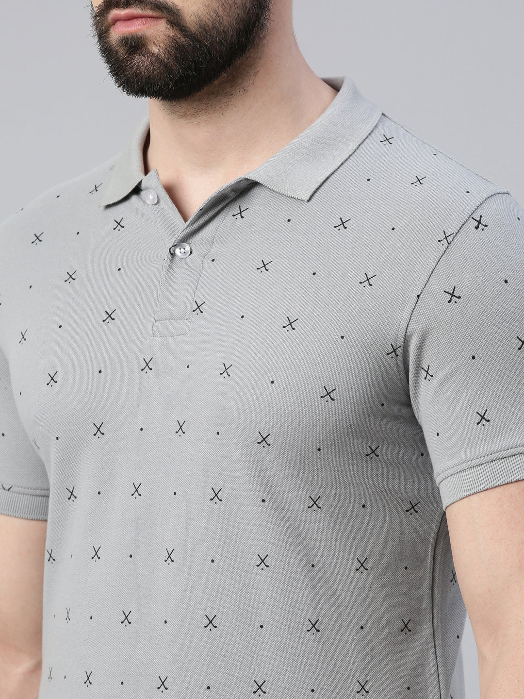 Men's Steel Grey Printed Polo Collar T-Shirt