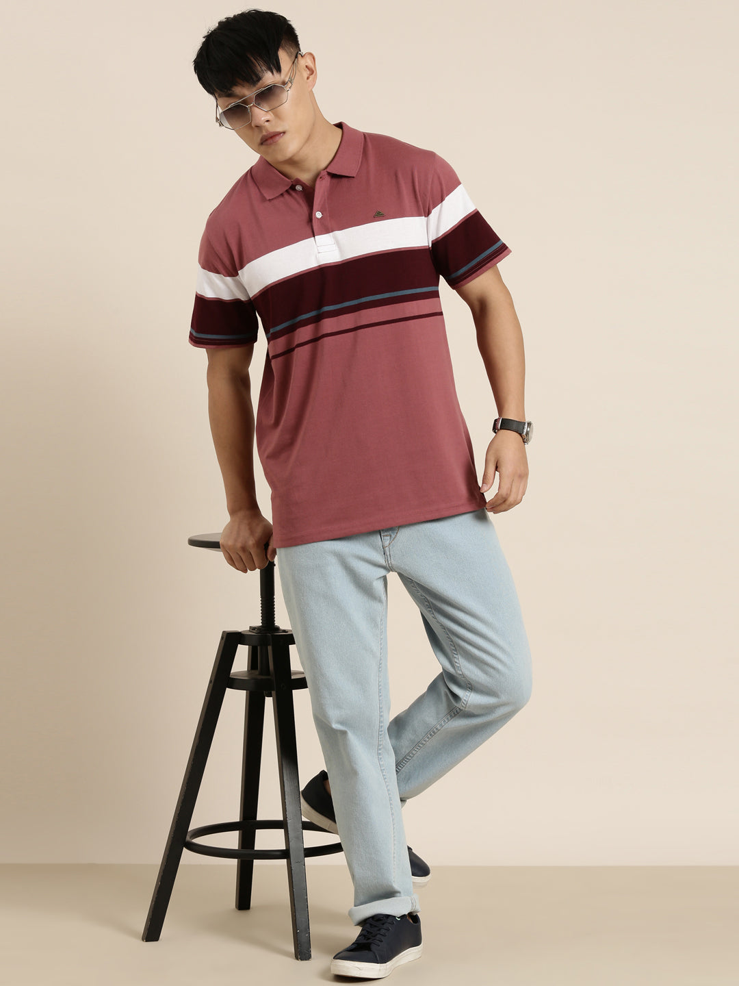 Men's Casual Light Wine Striped Polo Collar T-Shirt