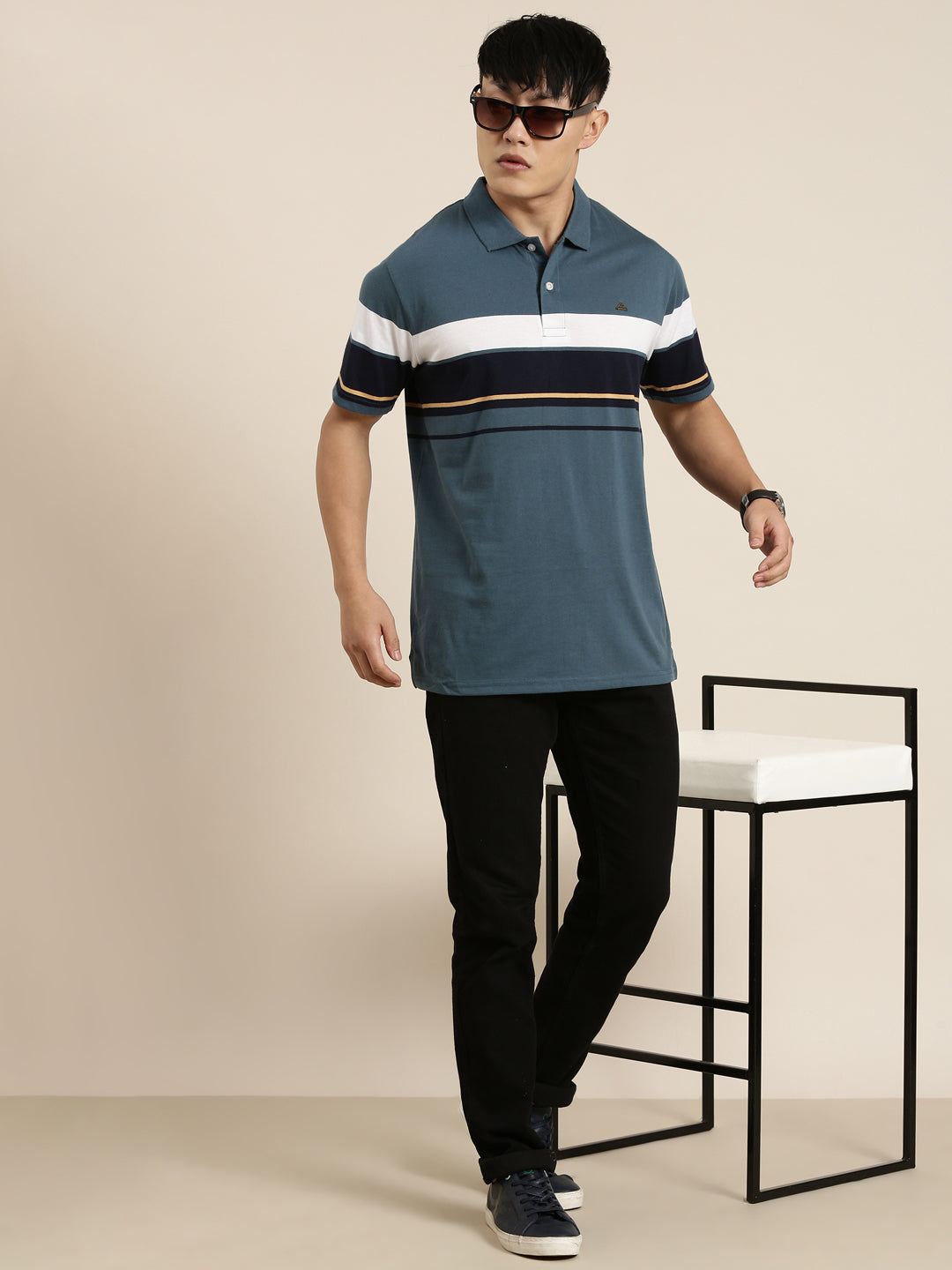 Men's Casual Denim Blue Striped Polo Collar T-Shirt