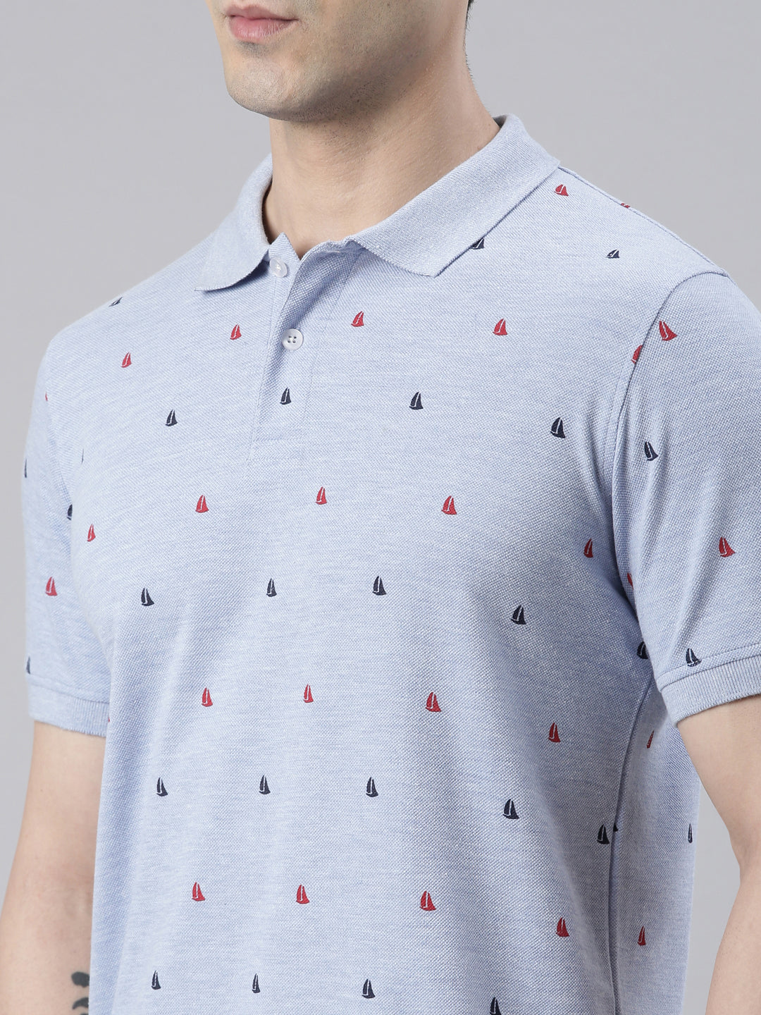 Men's Sky Blue Printed Polo Collar T-Shirt