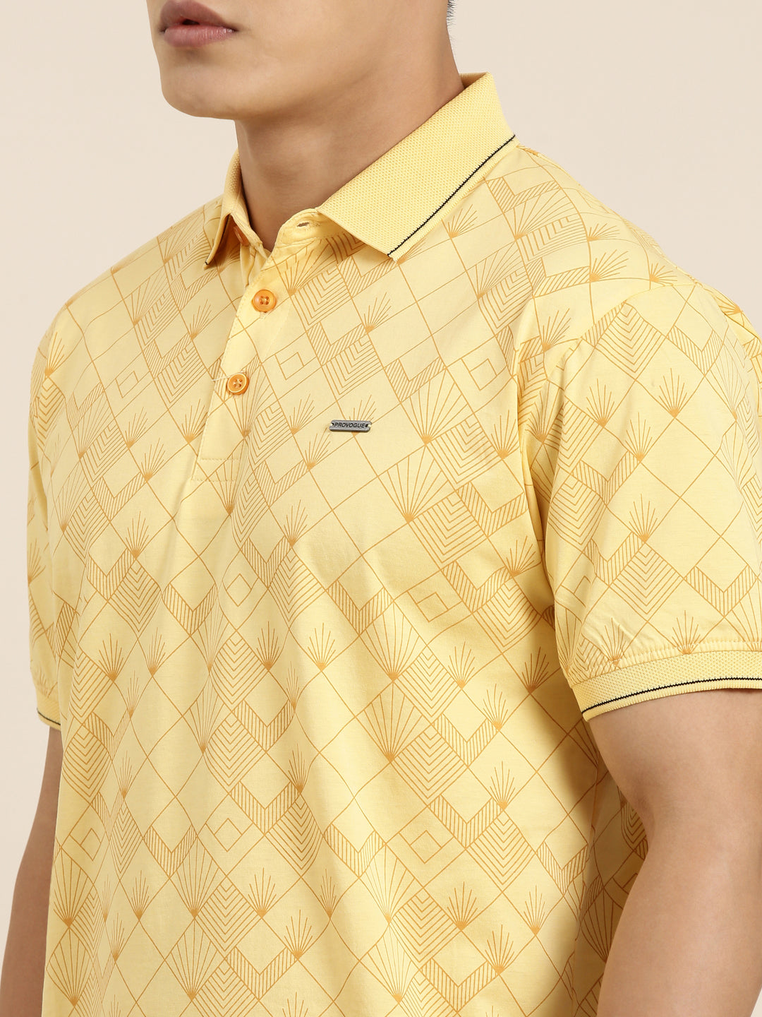 Mercerised Cotton Polo Collar Printed Tshirt in Yellow