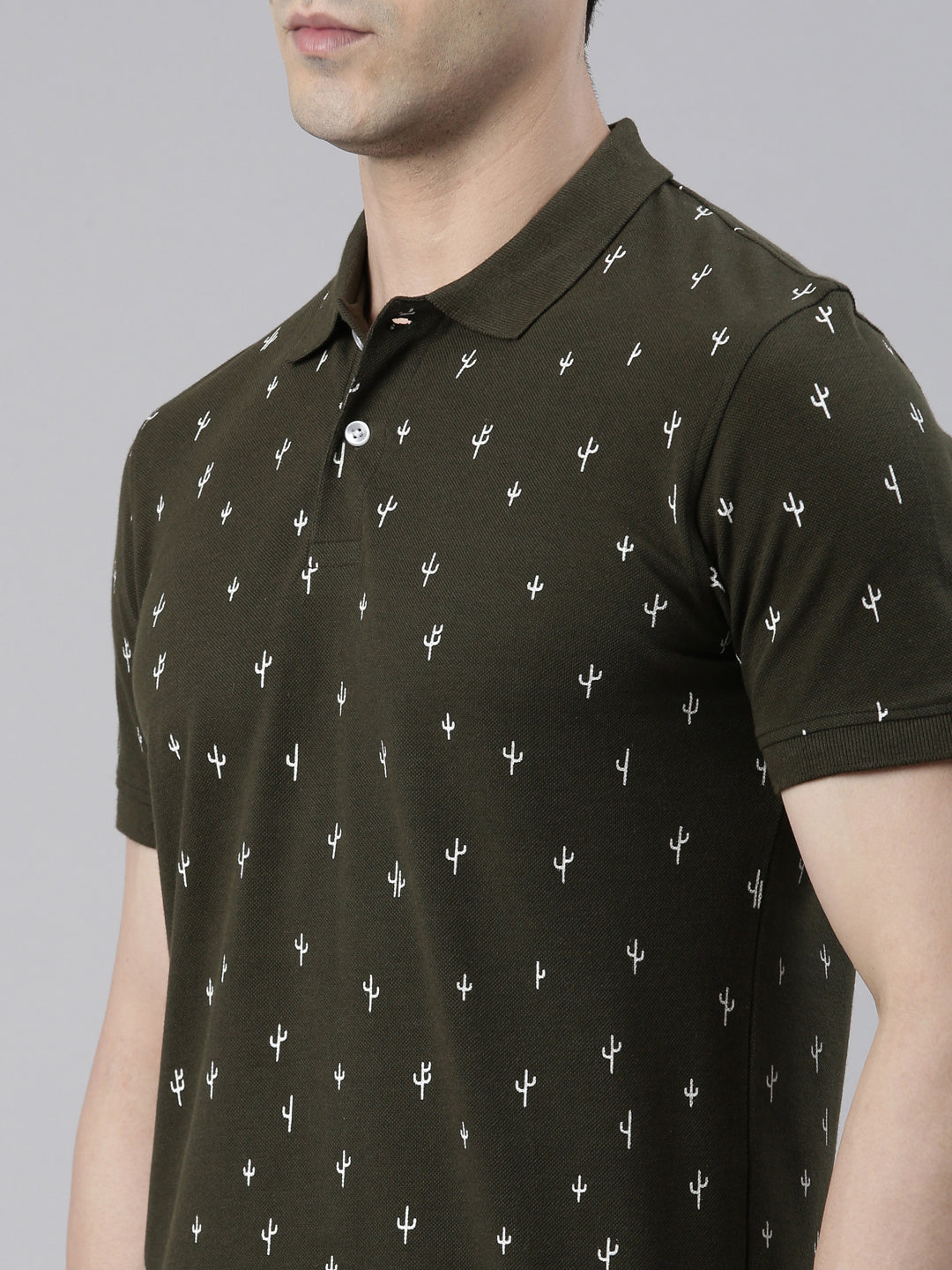 Men's Olive Printed Polo Collar T-Shirt