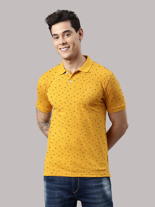 Men's Mustard Printed Polo Collar T-Shirt