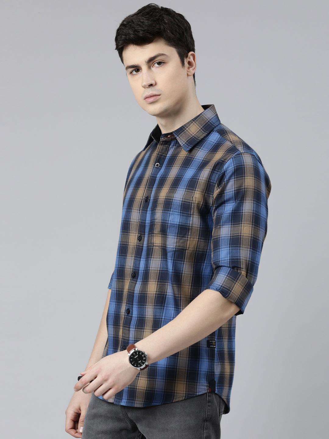 JOVEN Men Checked Pure Cotton Full Sleeve Casual Shirt
