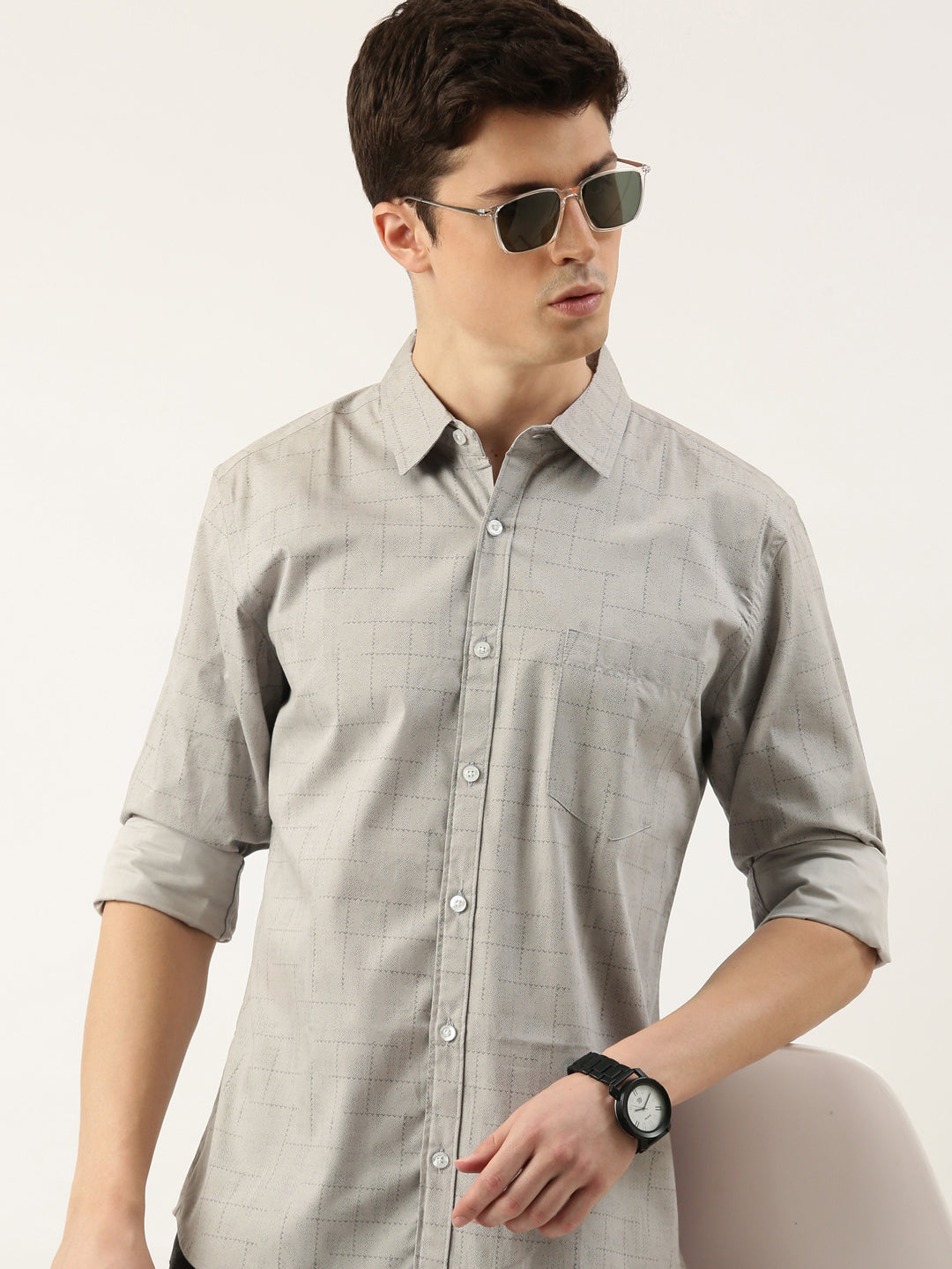 Men Grey Printed Pure Cotton Full Sleeve Casual Shirt