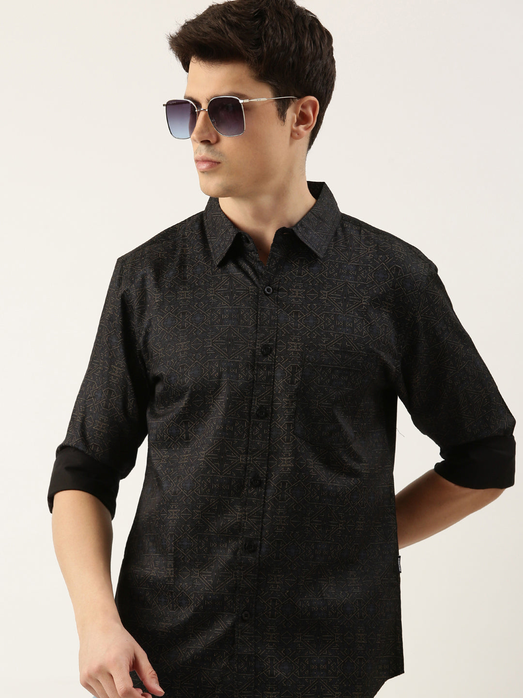 Men Black Printed Pure Cotton Full Sleeve Casual Shirt