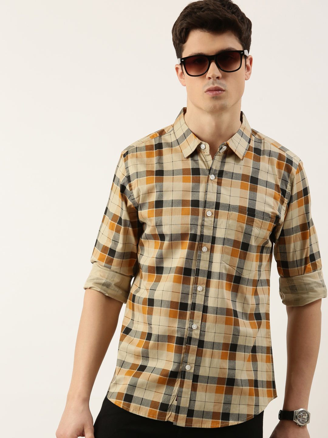 Men Beige Checked Pure Cotton Full Sleeve Casual Shirt