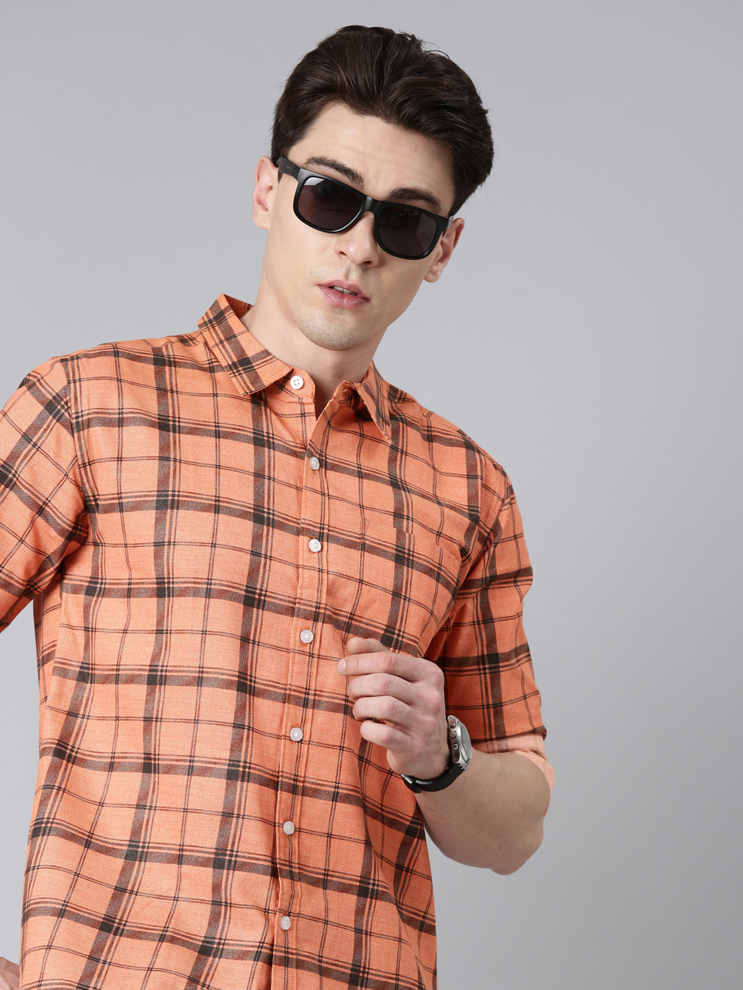 Orange Checkered Pure Cotton Full Sleeve Shirt