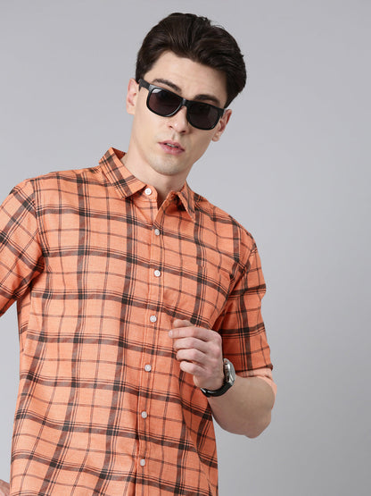 Orange Checkered Pure Cotton Full Sleeve Shirt