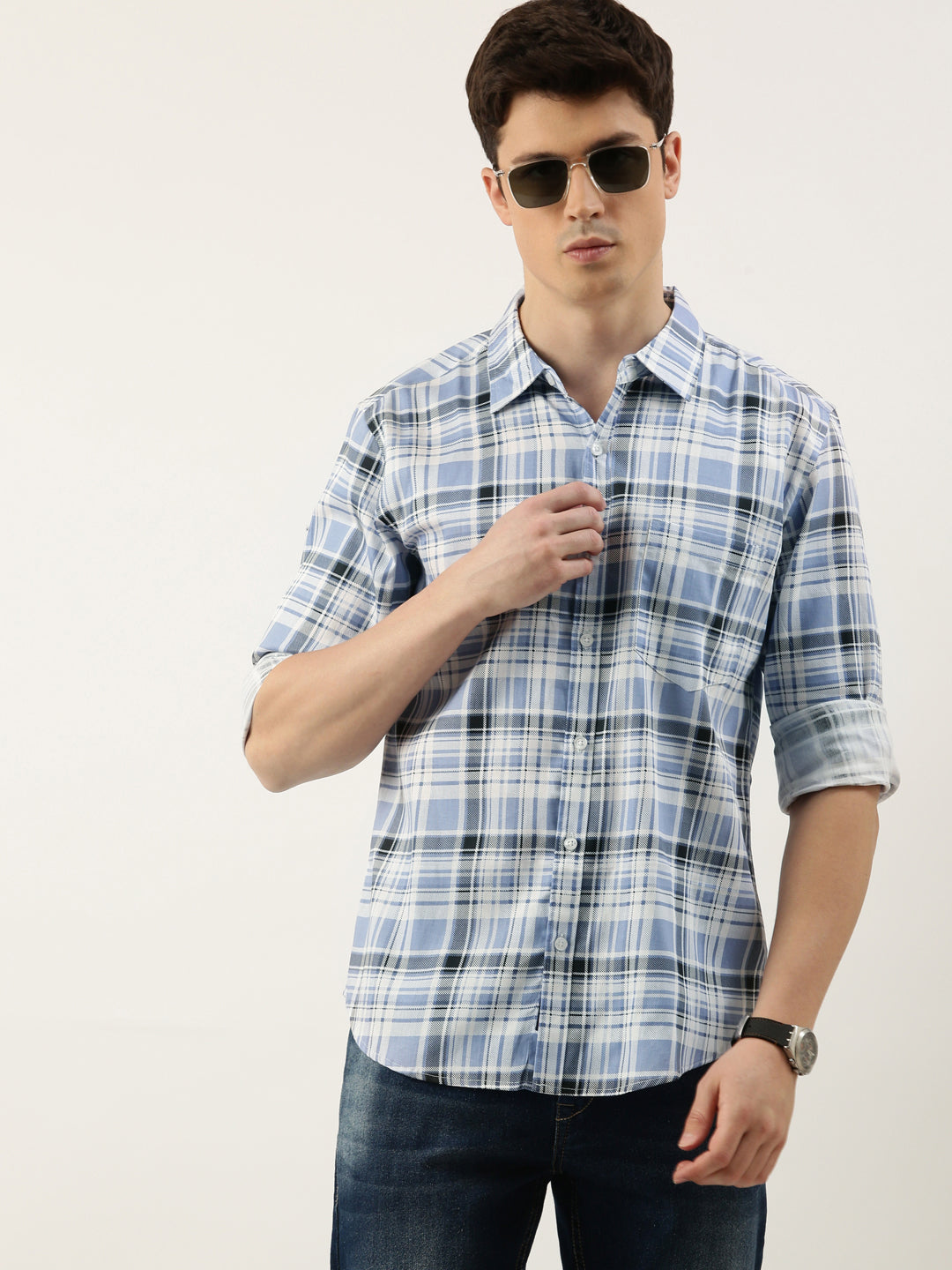 Men Blue Checked Pure Cotton Full Sleeve Casual Shirt