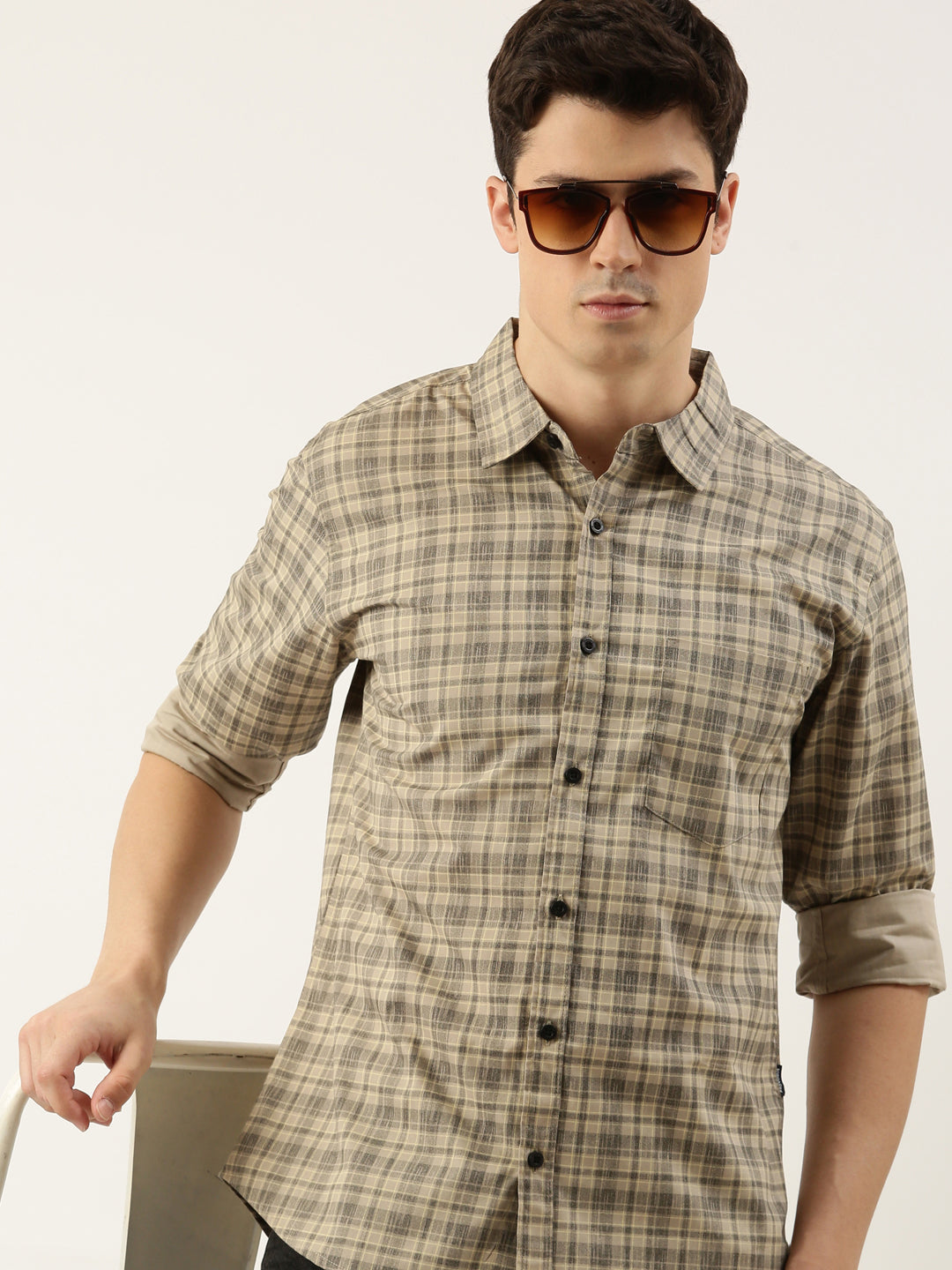 Men Beige Checked Pure Cotton Full Sleeve Casual Shirt