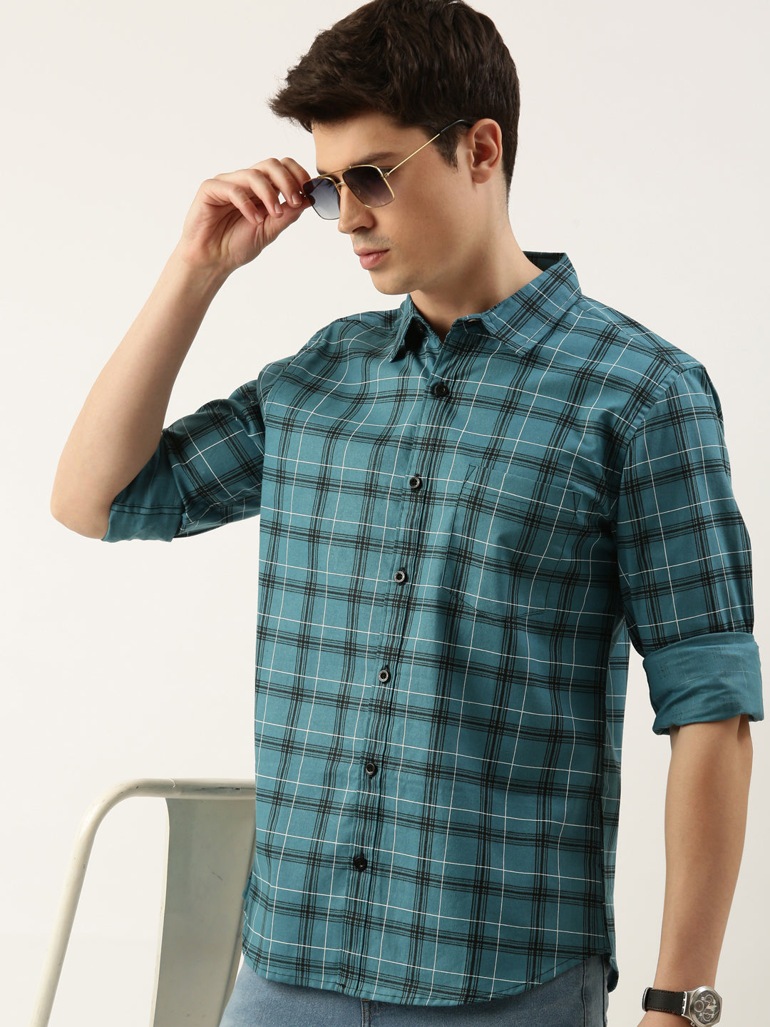 Men Blue Checked Pure Cotton Full Sleeve Casual Shirt