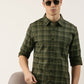 Men Olive Green Checked Pure Cotton Full Sleeve Casual Shirt