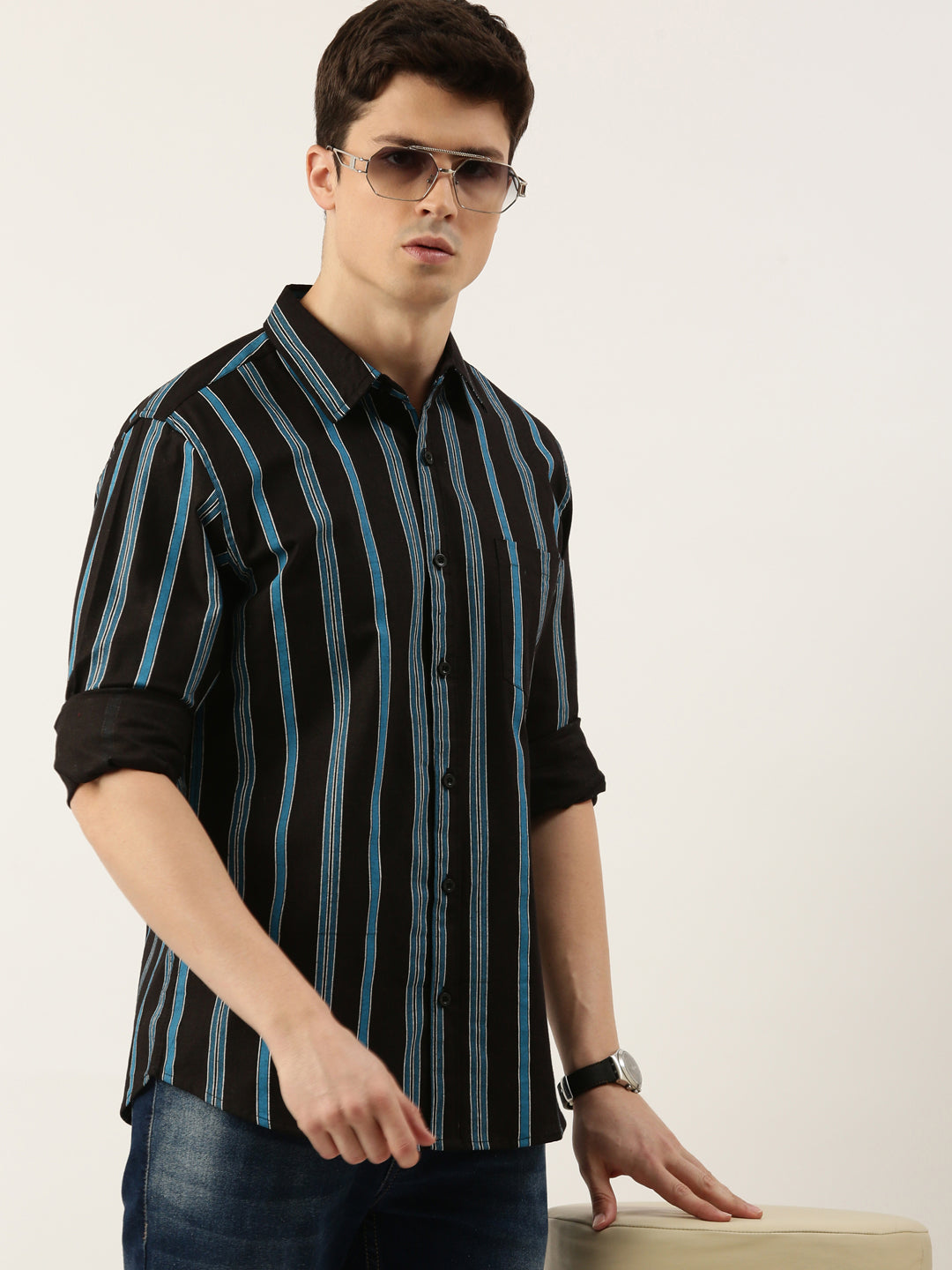 Men Black and Blue Striped Pure Cotton Full Sleeve Casual Shirt